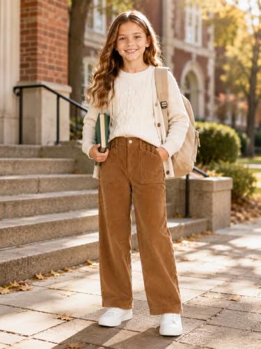 Image of Rolanko Girls Wide Leg Corduroy Pants High Waist Trousers Vintage Kids Pants Streetwear Casual 4-12 Years