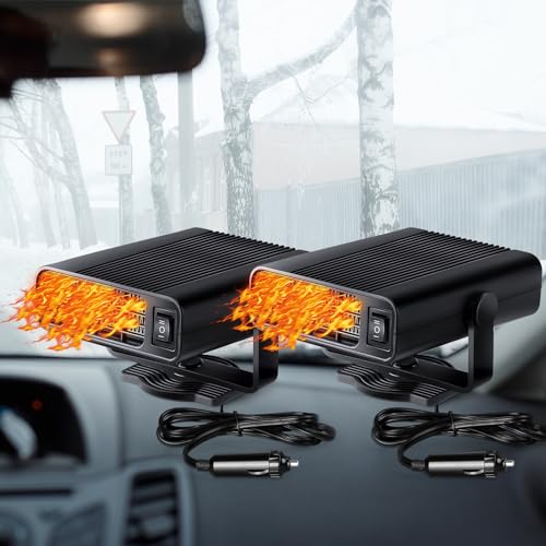 Datanly 2 Pcs 12v 150w Portable Car Heater Defroster Windshield with Cigarette Lighter 360° Rotary Base 2 in 1 Heater and Cooling Fan Auto Defogger for Cars(Black)