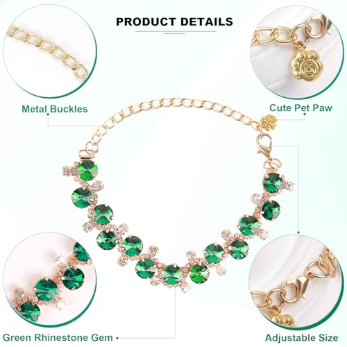 Image of HOWWFALY Dog Collar and Cat Collar Gold Chain Necklace Stainless Steel Adjustable Green Rhinestones Collar with Cute Pet Paw for Small Medium Pets Cats Dogs Kitten Puppy (Green, L)