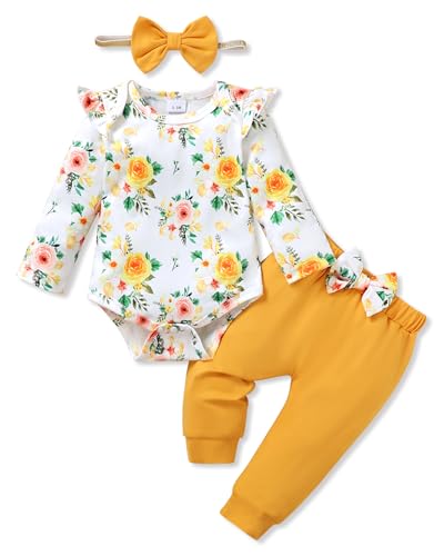 Image of YALLET Baby Girl Clothes Newborn Infant Girl Outfits Floral Romper+Pants+Headband Fall Baby Layettes for Clothing 0-18 Months