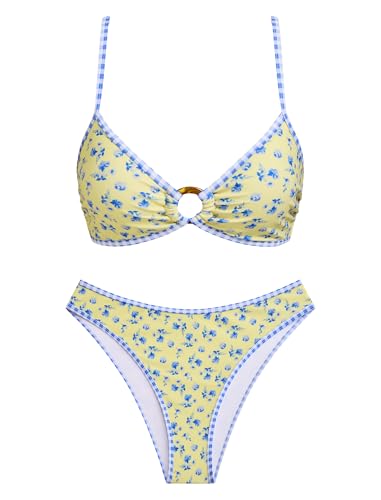 Image of ZAFUL O Ring Bikini Sets for Women Lace Up Swimsuits High Cut Swimwear Contrast Stripe 2 Piece Bathing Suits