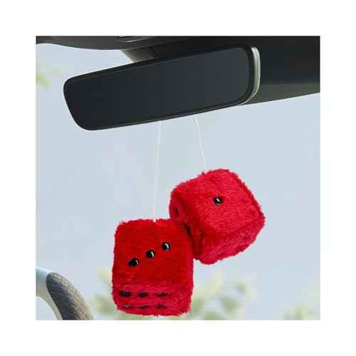 Rdxcv 2PCS Fuzzy Plush Dice with Dots, 3 Inch Square Retro Hanging Decoration for Rearview Mirror, Soft Classic Dice Pendant Interior Decorative Accessories for Most Vehicles (Red)