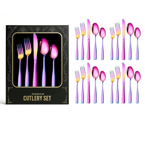 Image of aDai Premium Cutlery Set | Stainless Steel Tableware | Mirror Finish | Includes Spoon Fork Knife & Teaspoon | Elegant Flatware Set for Dining, Parties & Gifting (Rainbow, Set of 20)