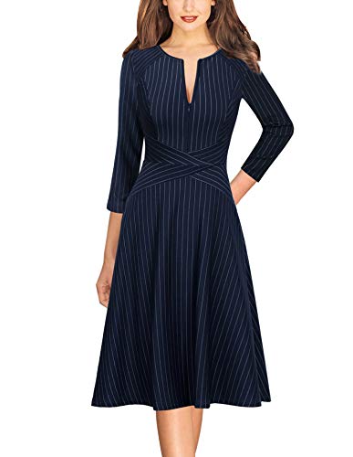 Vfshow Womens Navy Blue and White Striped Elegant Zipper up Pockets Slim Work Business Office Party A-Line Skater Dress 6536 BLU M