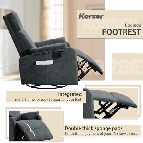 Image of Korser Recliner Chair, Swivel Rocking Recliner Chair for Adults, Glider Rocking Chair, Small Nursery Chair Recliner for Living Room, Reclining Chair with Modern-Designed Armrests,Chenille,Darkgrey
