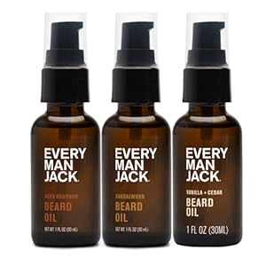 Every Man Jack Mens Beard Oil Variety Pack – 1 Each of Sandalwood, Vanilla + Cedar, and Aged Bourbon – Softens Your Beard & Adds a Natural Shine – Naturally Derived w/Shea Butter – 1 fl oz (3 Pack)