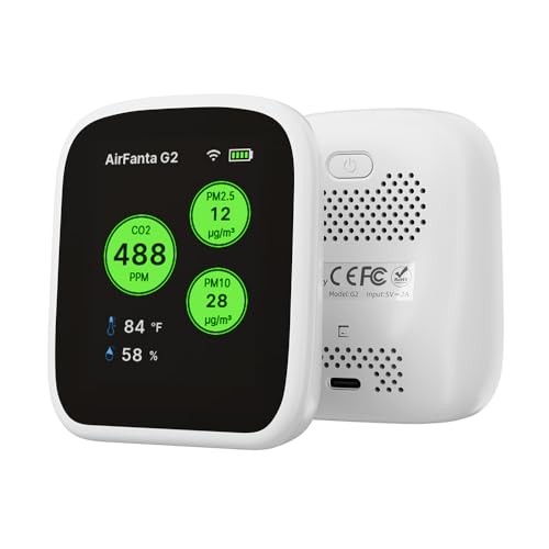 AirFanta G2 Air Quality Monitor: Wireless Indoor Air Quality Monitor for Office or School (PM, CO2, Temperature, Humidity) Portable, Battery Powered, TFT Screen, App for Configuration & Data History