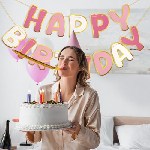 Image of TaoBary Pink Happy Birthday Banner Pre-strung Birthday Party Decorations No DIY Hanging Banner Sign Hanging Decor for Women Men Boys Girls Party Supplies Backdrop