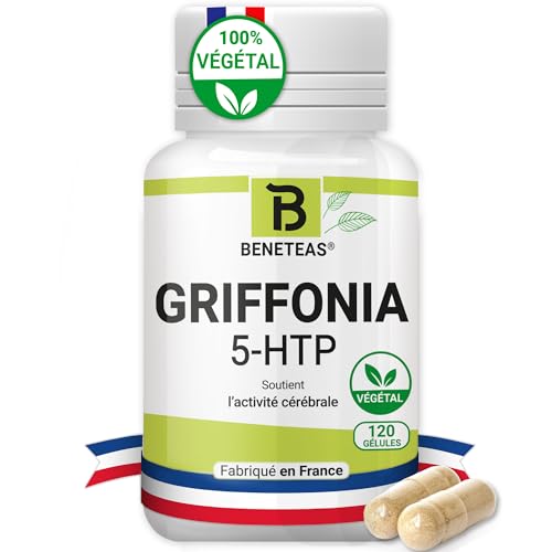 GRIFFONIA 5-HTP | Complément alimentaire | Extrait Griffonia Simplicifolia | Diminue Stress, fatigue, anxiété | Activité cérébrale | 120 gélules | NATUREL | VEGAN | Fabriqué en FRANCE