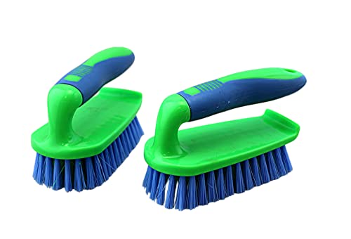 Dependable Industries Inc. Essentials Scrub Brush Comfort Rubber Grip & Flexible Stiff Bristles Heavy Duty for Bathroom Shower Sink Carpet Floor - Pack of 2 (Blue-Green)