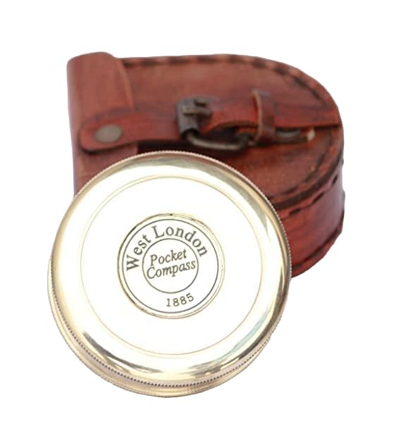 2" Brass Vintage Engraved West London Pocket Compass with Case, Brass Nautical Navigatioal Tool Uses for Traveling, Hiking, Tracking, Showpiece As Home Decor Item Sold by A&U Enterorises