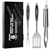 Grilaz Stainless Steel BBQ Tool Set with Veined-Dyed Wooden Handles | Heavy Duty Grilling Accessories | 3-Piece Outdoor Barbecue Grill Utensil Set with Spatula, Fork, and Tongs - Ideal Gift for Menβ¦
