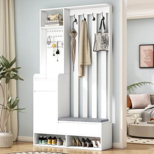 Flurgarderobe Garderobenset Garderobe Stecktafel mit Sitzbank & Stecktafel - Weiß, Schuhschrank Multifunktional mit 4 Haken & gepolsterter Bank, schmale 100 cm Breite für Eingangsbereich & Waschküche