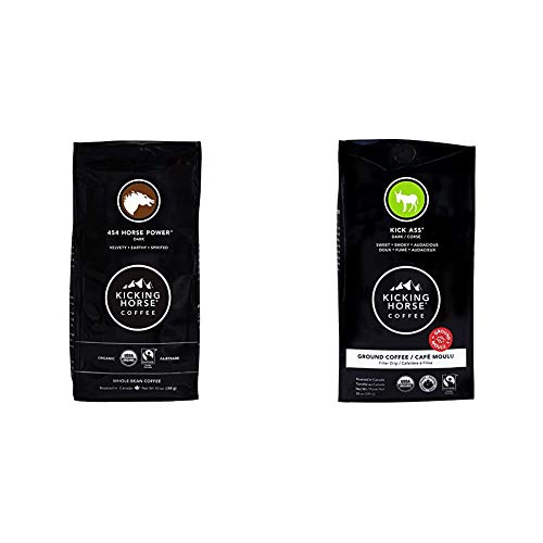 Kicking Horse Coffee, 454 Horse Power, Dark Roast, Whole Bean, 10 oz - Certified Organic, Fairtrade, Kosher Coffee & Kick Ass, Dark Roast, Ground, 10 oz -Certified Organic, Fairtrade, Kosher Coffee