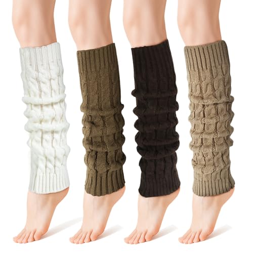 PT Haahoos Women Leg Warmers, 4 Pairs Fashion Cute Cable Knit Leg Warmers, Winter Warm Long Boot Socks, 80s Knee High Accessories