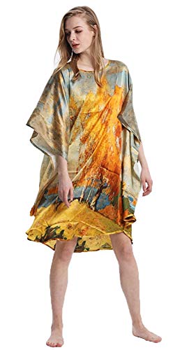 Grace Silk 100% Silk Nightgown, Autumn Foliage Oil Painting, Multicoloured
