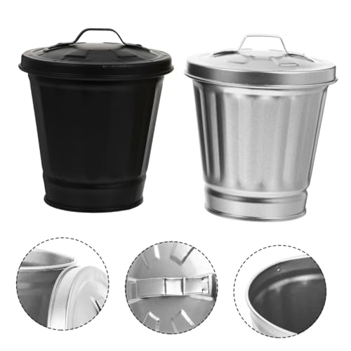Bote de basura de escritorio negro mini con tapa de hierro 2pcs miniatura 5