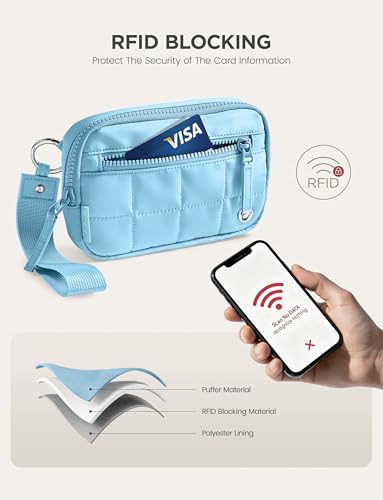 Image of Uselike Womens Wallet Card Holder Purse with Zipper Quilted Phone Wallet RFID Blocking Small Wristlet Wallets for Everyday, Travel (Pastel Blue)