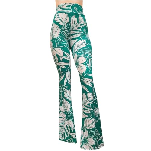 ShopMyTrend SMT Women's High Waist Wide Leg Long Bell Bottom Yoga Pants Medium Leaves in Kelly Green
