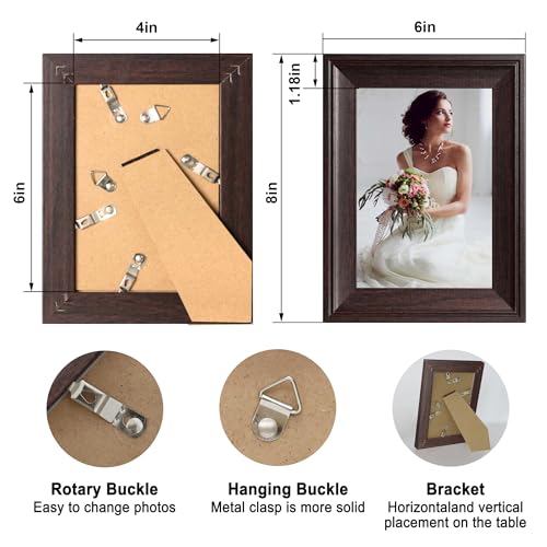 Image of iRahmen 4x6 Picture Frame Set of 4, Dark Brown Rustic Retro Photo Frame with Real Glass, Wood Farmhouse Style 4 x 6 Picture Frames for Wall Mount and Tabletop Display