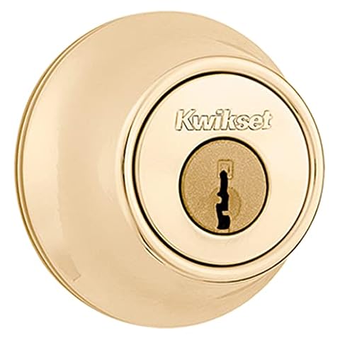 Kwikset Zamek zasuwowy 660, polerowany mosiądz okrągły zewnętrzny klucz przednie drzwi wejściowe, jednocylindrowa zasuwa martwa