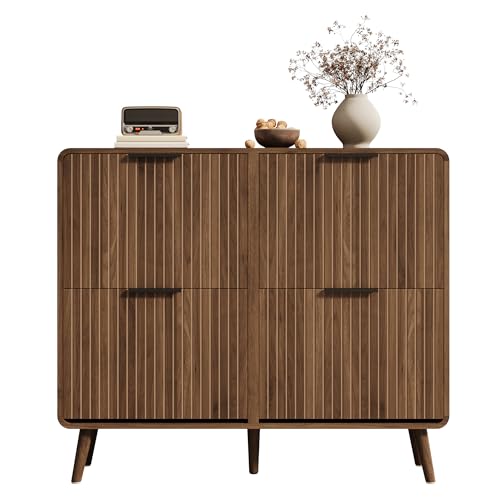 HAINEW HNDE25120105 Armoire à chaussures avec 4 rabats et pieds en bois, étagère à chaussures, avec poignée en métal, bord incurvé, 105 x 24 x 90 cm,...