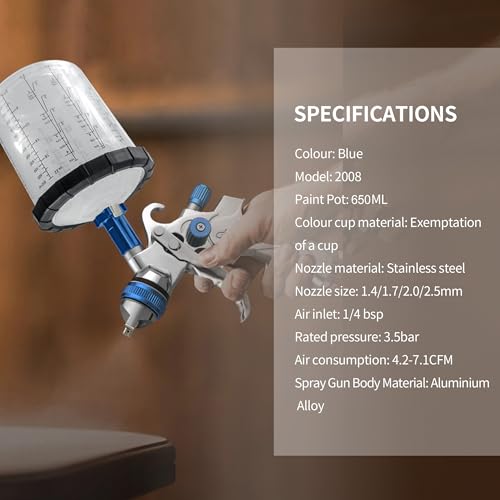 Image of HVLP Gravity Fed Air Spray Gun with 1.4 /1.7 /2.0 /2.5 mm Nozzles and 650cc Mixing Cups, Sprayer Paint Gun for Automotive Refinishing and Home Wall Finishing Applications (Blue)