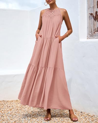 Image of BTFBM Halter Summer Dresses for Women 2026 Casual Spring Hollow Out Sleeveless Boho Sundresses Beach Vacation Maxi Dress