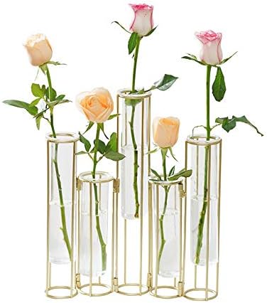 Radefasun Hinged Flower Vases with 5 Test Tubes Glass Flower Vase with Metal Stand Can be Bent and Contorted Propagation Station Plant Display Holder Set for Home Wedding Décor