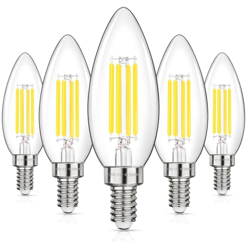 GGOYING E12 LED Candelabra Light Bulbs 40W Equivalent, 4W B11 Candle Base Bulbs, Daylight White 5000K Chandelier Bulb, 500LM Clear Glass Filament Type B Bulb Non-Dimmable, 5 Pack