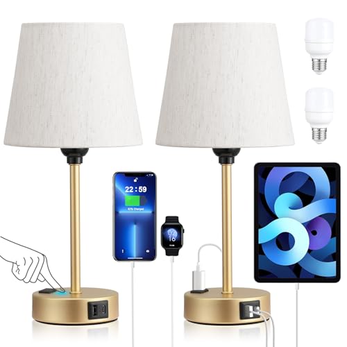 Gold Bedside Lamps Set 2 for Bedroom - Dimmable Touch, USB C+A, AC Outlet