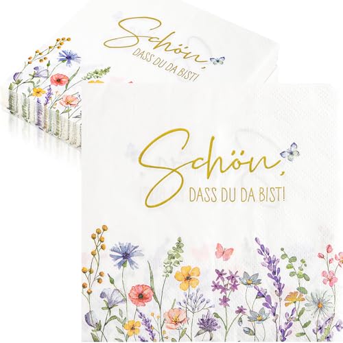 Xinfin 40 Stück Servietten Geburtstage & Hochzeit - Schön Dass Du Da Bist - Papierservietten mit Blumen Motiv - Partyservietten Tischdeko für Sommerparty Taufen Frühling Oster