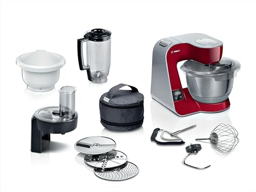 Bosch Küchenmaschine Serie 4, integrierte Waage, Edelstahl-Schüssel 3,9 L, Mixer 1,25 L, Kunststoff-Schüssel, spülmaschinenfest, 3x Rührelemente, Durchlaufschnitzler, 1000 W, Dunkelrot, MUM5X734