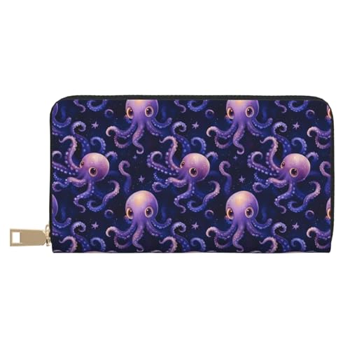 Cute Purple Octopus Print Wallet Women, Leather Bifold Multi Card Wallet, Long Purse Women's Wallets