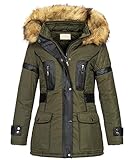 Rock Creek Damen Winter Jacke Mantel Biker-Style Damenmantel Winterjacke Parka Kunstleder Winterjacken mit Kapuze Kunstfellkragen D-431 Dunkelgrün S