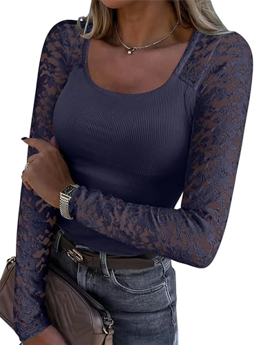 ANRABESS Womens Long Sleeve Shirts Lace Scoop Neck Tops,Navy Blue,XS