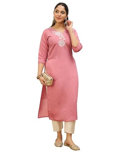 Verluti Women's Embroidered Roman Silk Straight Kurta (Baby Pink_S)