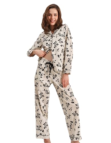 Image of NAP BOUND 100% Cotton Pajamas for Women 2 Piece PJs Set Long Sleeve Button Down Breathable Woven Sleepwear Loungewear XS-XXL