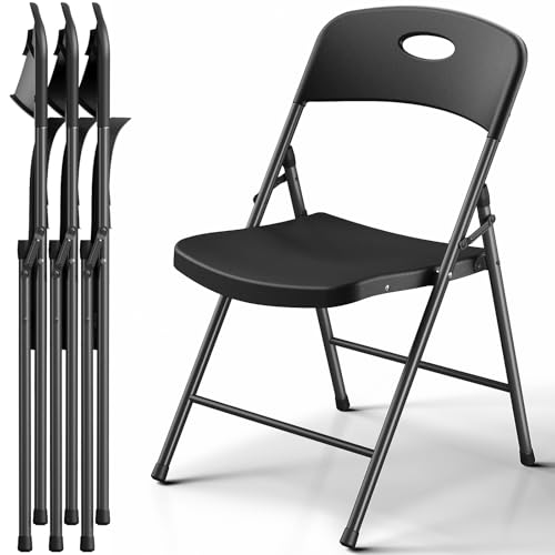 MAKE CHANGES Plastic Folding Chair 4 Pack, Outdoor Sturdy Metal Folding Chairs for Outside Indoor, Portable 350 lbs Capacity Heavy Duty Foldable Commercial Seating for Picnic, Party, Patio, Black