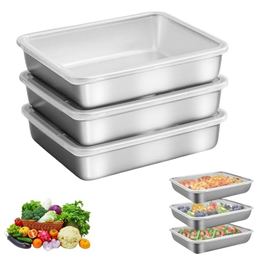 Boîtes de Conservation Alimentaire en Acier Inoxydable: 3 Pièces 25×20×5cm Boites Alimentaires en Inox, Boîte à Bento en Acier Inoxydable, avec...