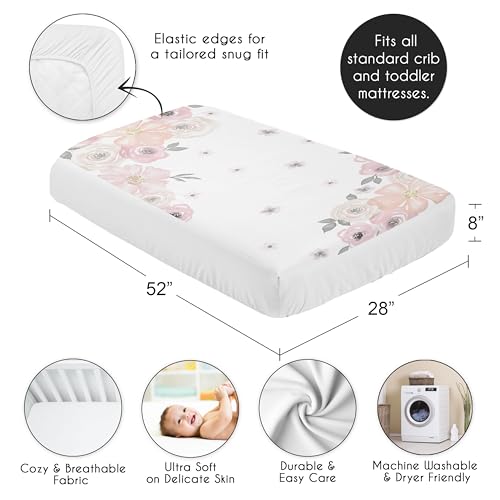 Image of Sweet Jojo Designs Fitted Baby Crib Sheets (Pink /Grey Boho Floral) for Girls, Infant Nursery, Toddler Room - Standard Size (Photo Op, Rose, Flower, Bohemian, Farmhouse, Wildflower, Nature, Elegant)