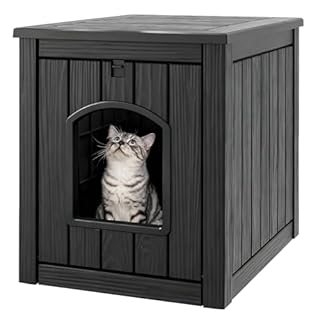 WTFGO Cat Litter Box Enclosure, Plastic Hidden Litter Box Side Table with Openable Front Door, Waterproof & Weatherproof Cat Box Enclosure Cabinet for Indoor & Outdoor Use (Black)