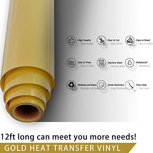 Htvront Gold Htv Heat Transfer Vinyl Roll- 12" X 12Ft Gold Htv Vinyl For Shirts - Easy To Cut & Weed Iron On Vinyl For Clothes(Gold) #TOP1