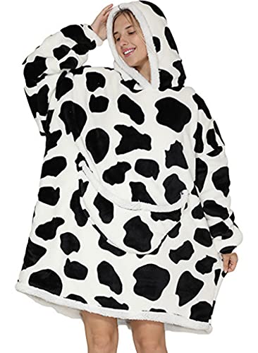 NLAND Sie Können Decken Tragen Übergroße Pullover Weiche Decken Mit Ärmeln Flanell-Lammwolle Warme Tv-Decken Plüschpullover Für Damen Und Herren(Kuhmuster,Einheitsgröße) Cover