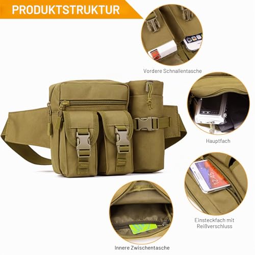 Huntvp Taktisch Hüfttasche mit Flaschenhalter Militärisch Bauchtasche Wasserdicht Gürteltasche MOLLE Wasserflasche Halter Multifunktional für Damen Herren Wandern Laufen Camping Trekking, Braun