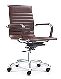 European Furniture Modern Style Brown Mid Back Office Chair, Adjustable Height, Aluminum Base, PU Leather