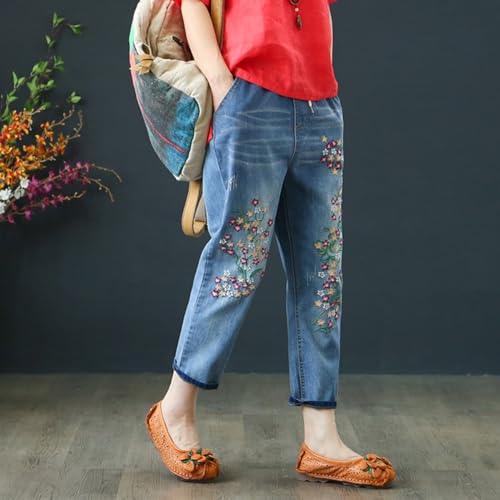 Womens Harem Capri Jeans Flowers Embroidery Vintage Ripped Holes Lace-Up Elastic High Waist Summer Casual Trousers2