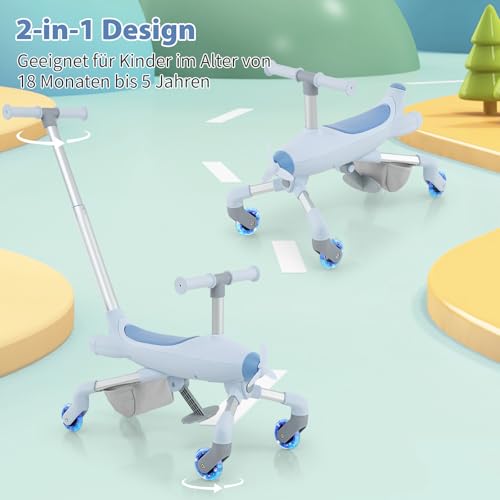 GOPLUS 2 in 1 Schiebeauto & Rutschauto, Dreirad mit verstellbarem Schiebegriff, LED Rädern & Korb hinten, Rutscherfahrzeug im Flugzeugmotiv für Kinder ab 18 Monaten, belastbar bis 50kg (Blau) – Bild 3