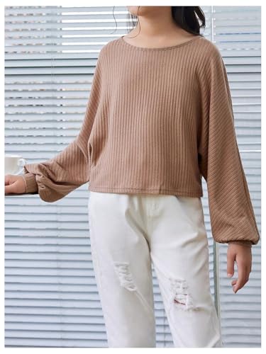 Image of SOLY HUX Girl's Bishop Long Sleeve T Shirt Round Neck Loose Solid Tee Tops Plain Apricot 11Y