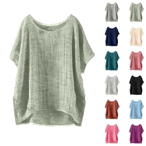 Battnot Leinenhemd Damen Sommer Modisch Licht Hemdbluse Basic Rundhals Leinenhemd Baumwolle Und Leinen Langarmshirts Bestickte Hemden Halbarm Freizeitoberteile Vintage Boho Tops Oversized Oberteil